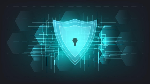 cyber security and data protection concept. shield with connected line as network on green lighting