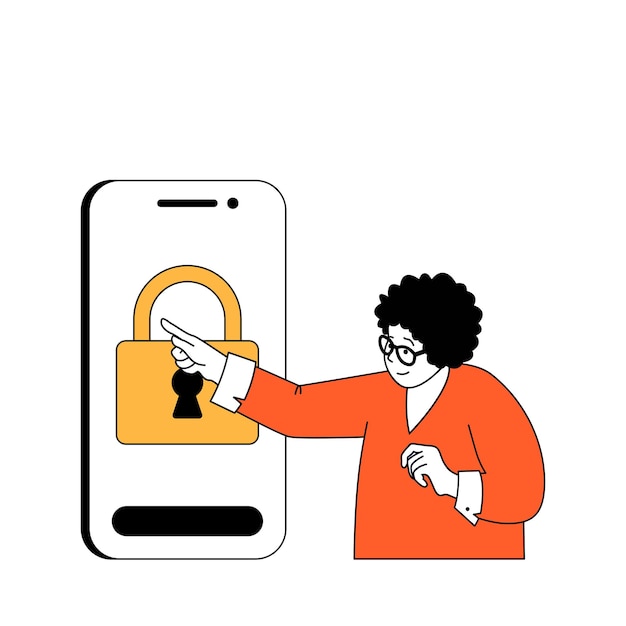 Cyber security concept with cartoon people in flat design for web Woman using protective padlock password for unlocking mobile phone Vector illustration for social media banner marketing material
