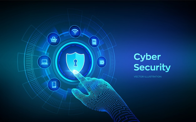 cyber security. data protection business concept on virtual screen. robotic hand touching digital interface.