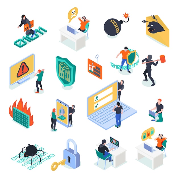 cyber security isometric set of malicious software and hacker activity isolated  icons vector illustration