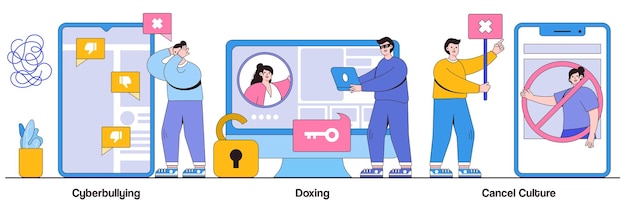 cyberbullying and doxing cancel culture concept with people character internet harassment vector illustration set private content celebrity shaming hacker attack social media boycott metaphor