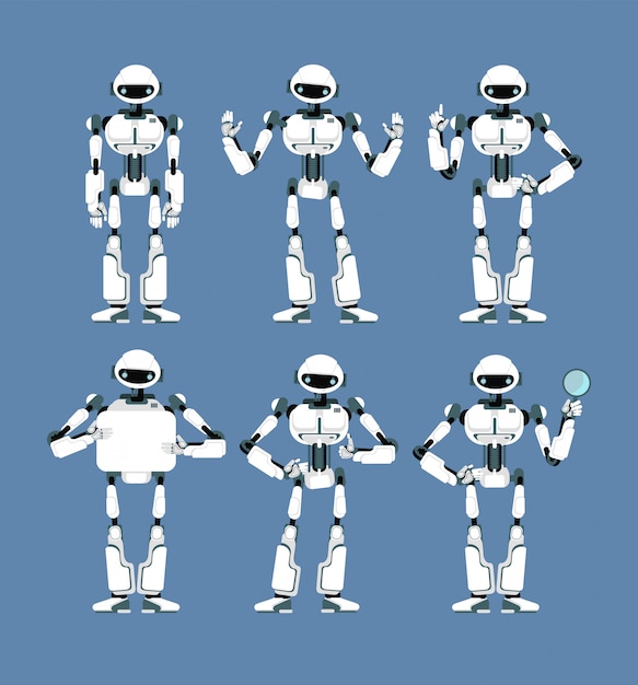 cybernetic robot android with bionic arms and eyes in different poses