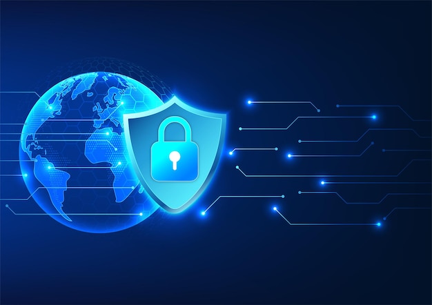 Cybersecurity and Data Privacy Technology The inner shield has a lock On the back is a globe