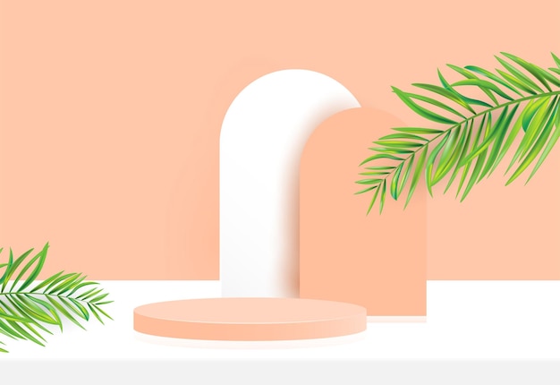 Cylinder podium scene with green leaf plant geometric background