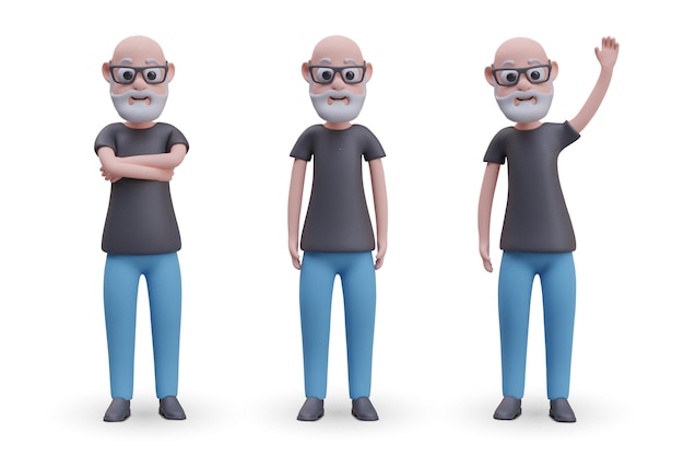 D bearded man in glasses elderly male character in various poses