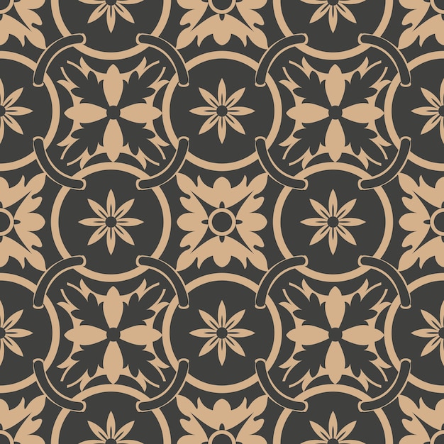 Damask seamless retro pattern background round curve cross frame chain leaf flower.