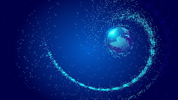 dark blue cosmic vortex 3d planet particle network technology big data abstract vector background