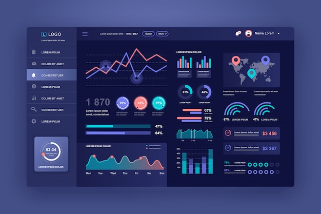 Dashboard UI. Admin panel design template with infographic elements