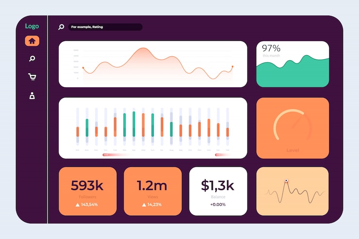 Vektor dashboard ui with admin panel and diagrams.