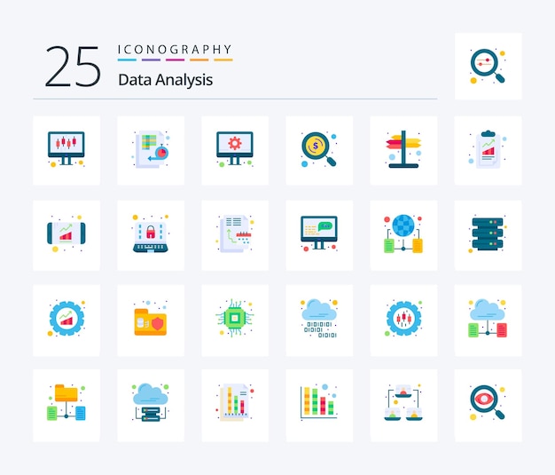 data analysis 25 flat color icon pack including indicator search timeline money setting