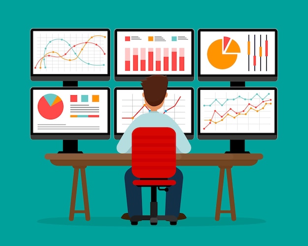data analysis analytics businessman sitting and monitoring statistics on many computer screens