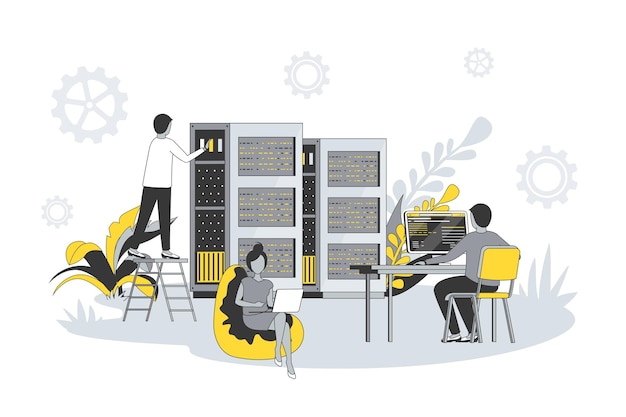 data center concept in flat line design people work in technical support in server room racks