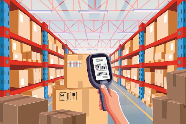 data collection terminal in a warehouse a man scans a barcode on a box interior of storage room