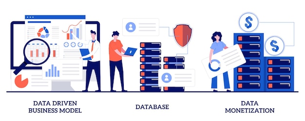 data driven business model, database, data monetization concept with tiny people. data business strategy  illustration set. decision making, information storage, analysis service metaphor.