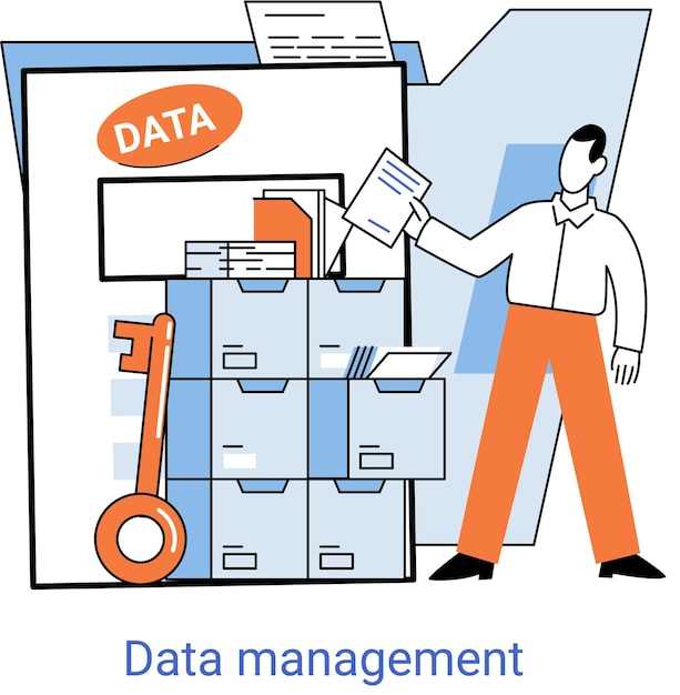 Data management metafor, personvern, mediasenter, forretningsbeskyttelse, rasjonell lagring av informasjon, digitalt personvern. Effektiv data manager, kostnadseffektiv, sikker organisering, storage og bruk av data