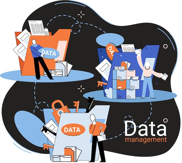 Data management metafor, personvern, mediasenter, forretningsbeskyttelse, rasjonell lagring av informasjon, digitalt personvern. Effektiv data manager, kostnadseffektiv, sikker organisering, storage og bruk av data
