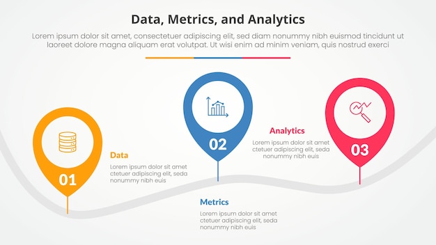 data metrics and analytics infographic concept for slide presentation with pin tagging location road up and down with 3 point list with flat style