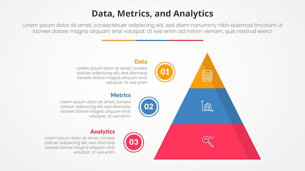 data metrics and analytics infographic concept for slide presentation with pyramid and circle outline point list with 3 point list with flat style
