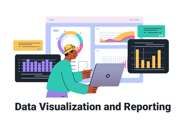 Data visualization concept with person analyzing graphs charts and laptop colorful dashboard