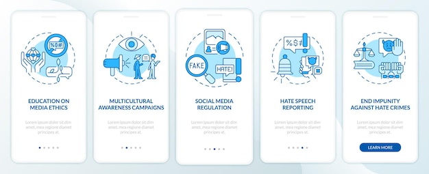 dealing with hate speech onboarding mobile app page screen. media ethics walkthrough 5 steps graphic instructions with concepts. ui, ux, gui vector template with linear color illustrations