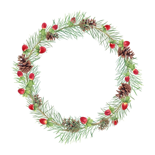 Decorated wreath with pinecones and red berries Lush green pine branches and vibrant St Johns wort herb Watercolor illustration Copy space for text For festive ambiance Xmas greeting card decor