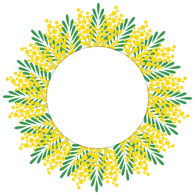 Decorative floral circular frame Frame made of branches of a blooming mimosa Template for postcard invitation greeting card Vector illustration