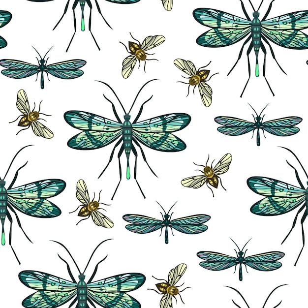 Decorative seamless pattern with beauty flying insects