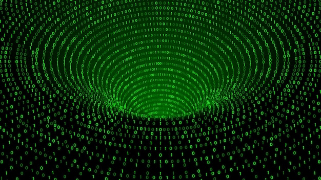 Deep data vortex. Funnel with binary data matrix, digital tunnel and internet portal