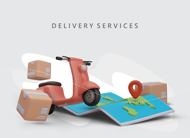 Delivery advertising banner with space for text Color poster shipment of goods Online ordering with delivery Courier services on electric scooter Template in cartoon style