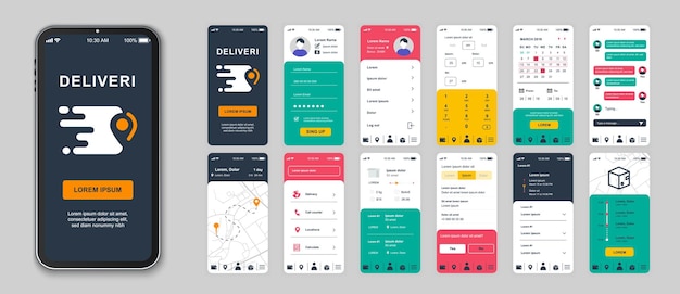 delivery mobile app screens set for web templates pack of login ordering package customer support online tracking parcel other mockups ui ux gui user interface kit for layouts vector design