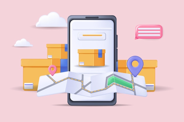 Delivery tracking concept 3D illustration Icon composition with parcel in mobile app map