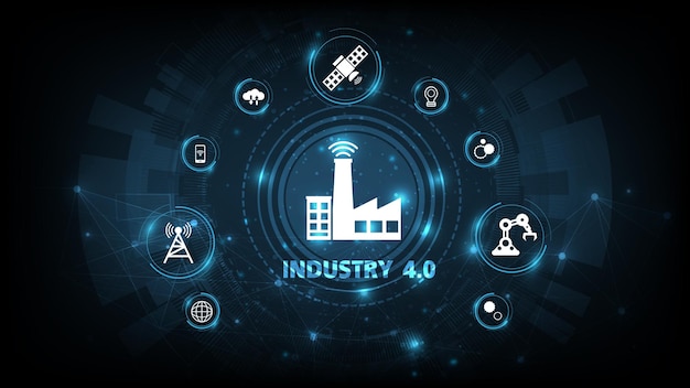 Den industrielle revolusjonen 4.0. Sci Fi-hologram og 3D-tall med konseptuelle ikoner. Industri 4.0-konsept