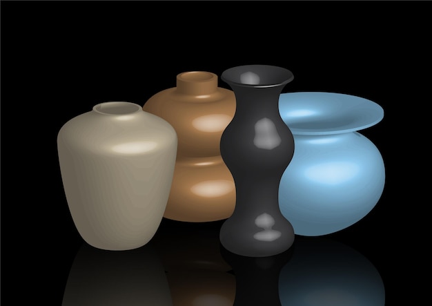 Design of flower vases in 3d vector style isolated on black background