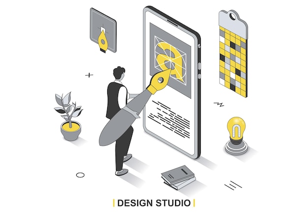 design studio concept in 3d isometric outline design designer with huge brush draws graphic element