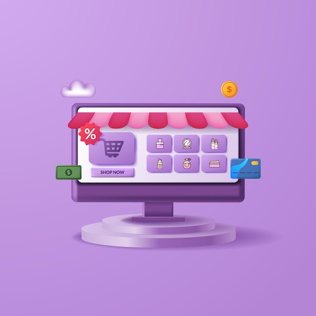 Desktop computer online shopping eccomerce design with 3d icon element woman make up fashion and cylinder podium stage display for marketing and business