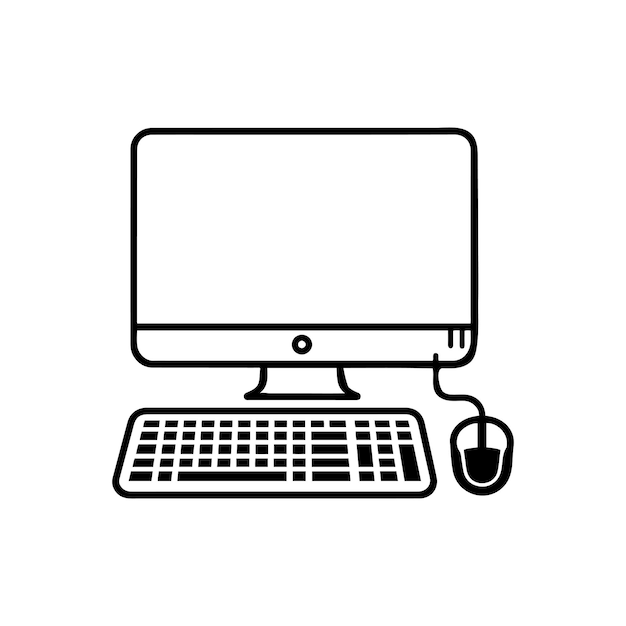 Desktop computer with keyboard and mouse vector icon on white background