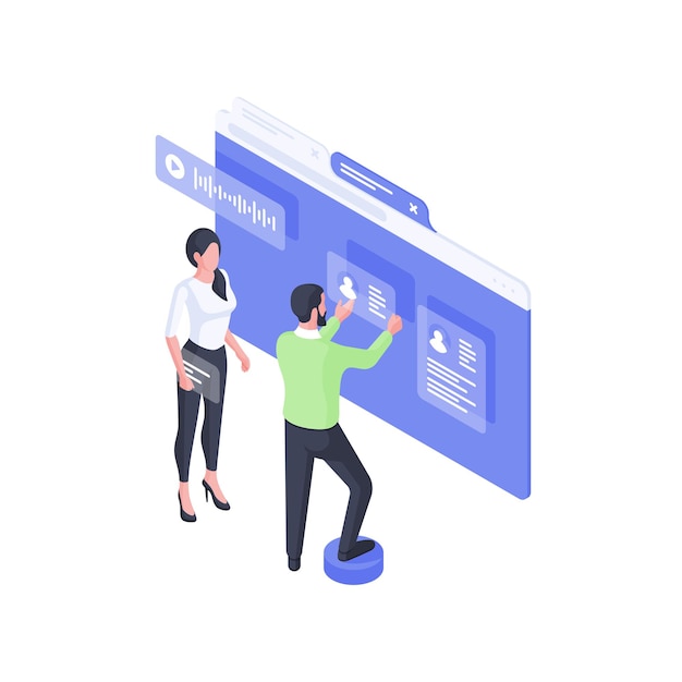 Developers creating online user account isometric illustration. Male and female character makes web assembly attaching customers resume and video page. Communication social interface  concept.