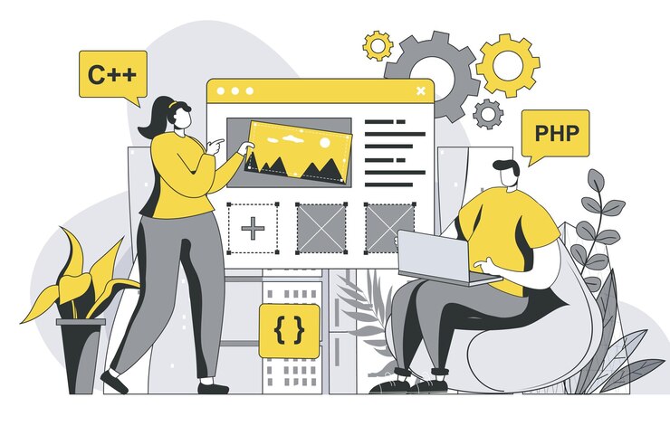 Developers team concept with outline people scene Man and woman are developing application