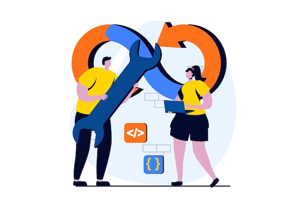 devops concept with people scene in flat cartoon design woman and man working in programming apps and collaboration at development processes on products vector illustration visual story for web