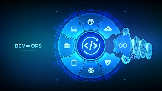 Devops Software development practices methodology Agile development optimization concept Software engineering Hand places an element into a composition visualizing Devops Vector illustration