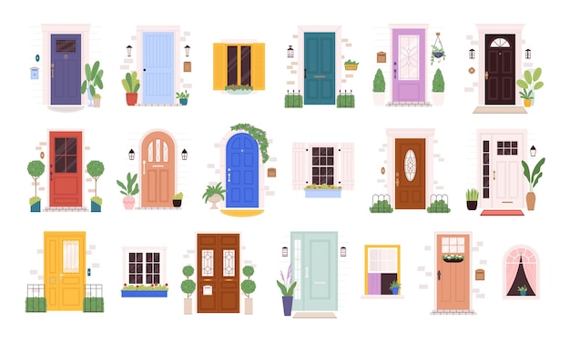 Different doors and windows exterior facade design Retro elegant house entrance cartoon front door with plants and lantern racy vector clipart