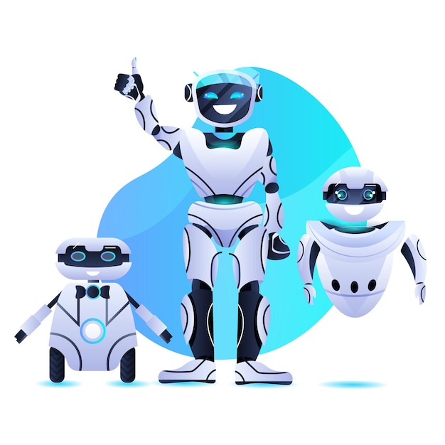 different robots standing together modern robotic characters team