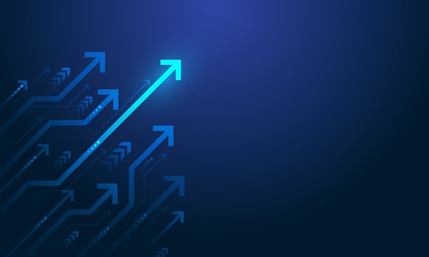 Digital arrow up circuit digital on blue dark background. graph business growth to success.