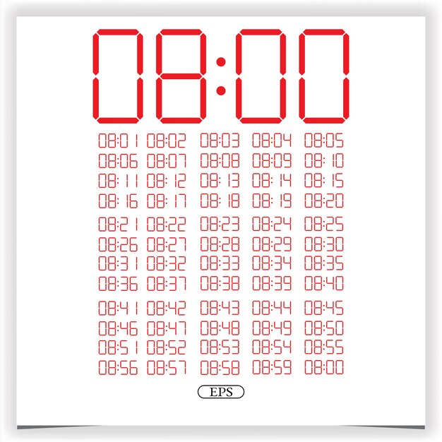 Digital clock closeup displaying 8 o'clock Red Digital clock number set electronic figures Premium Vector