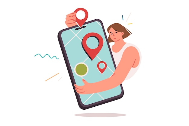digital map in mobile phone in hands of woman using online navigator to easily navigate city