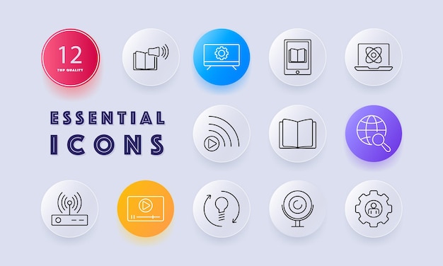 Digital media and technology set icon Features video streaming settings ebooks and online search symbols Represents digital platforms content creation and technology