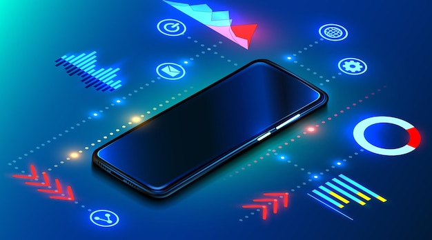 Digital mobile technology. device with infographic elements   of mobile information analitic