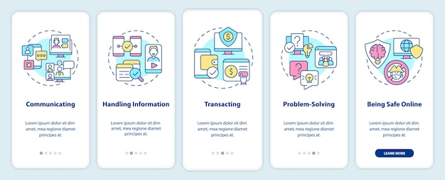 Digital skills onboarding mobile app screen Computer systems walkthrough 5 steps graphic instructions pages with linear concepts UI UX GUI template Myriad ProBold Regular fonts used