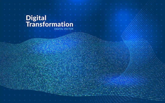 Digital transformation background with flowing dots and lines creating a data wave pattern Abstract technology design symbolizing artificial intelligence innovation and global network communication