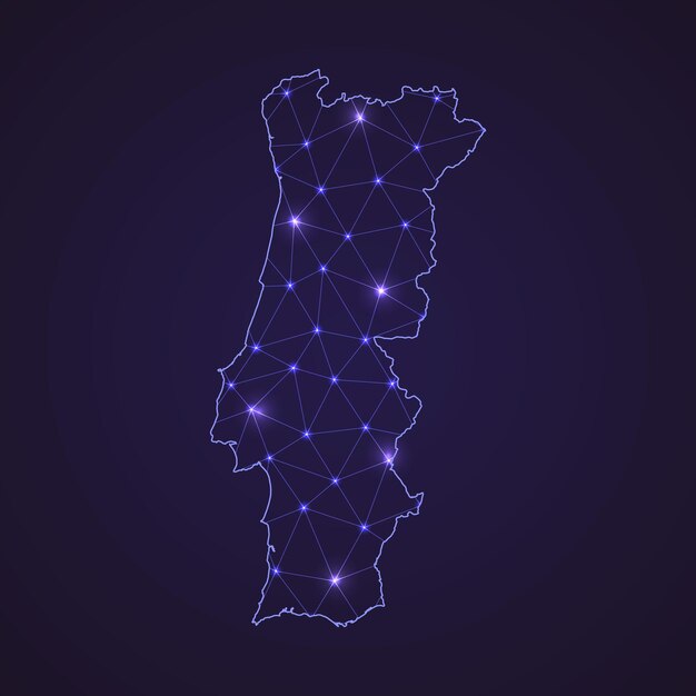 Digitalt nettverkskart over Portugal. Abstrakt koblingslinje og prikk på mørk bakgrunn